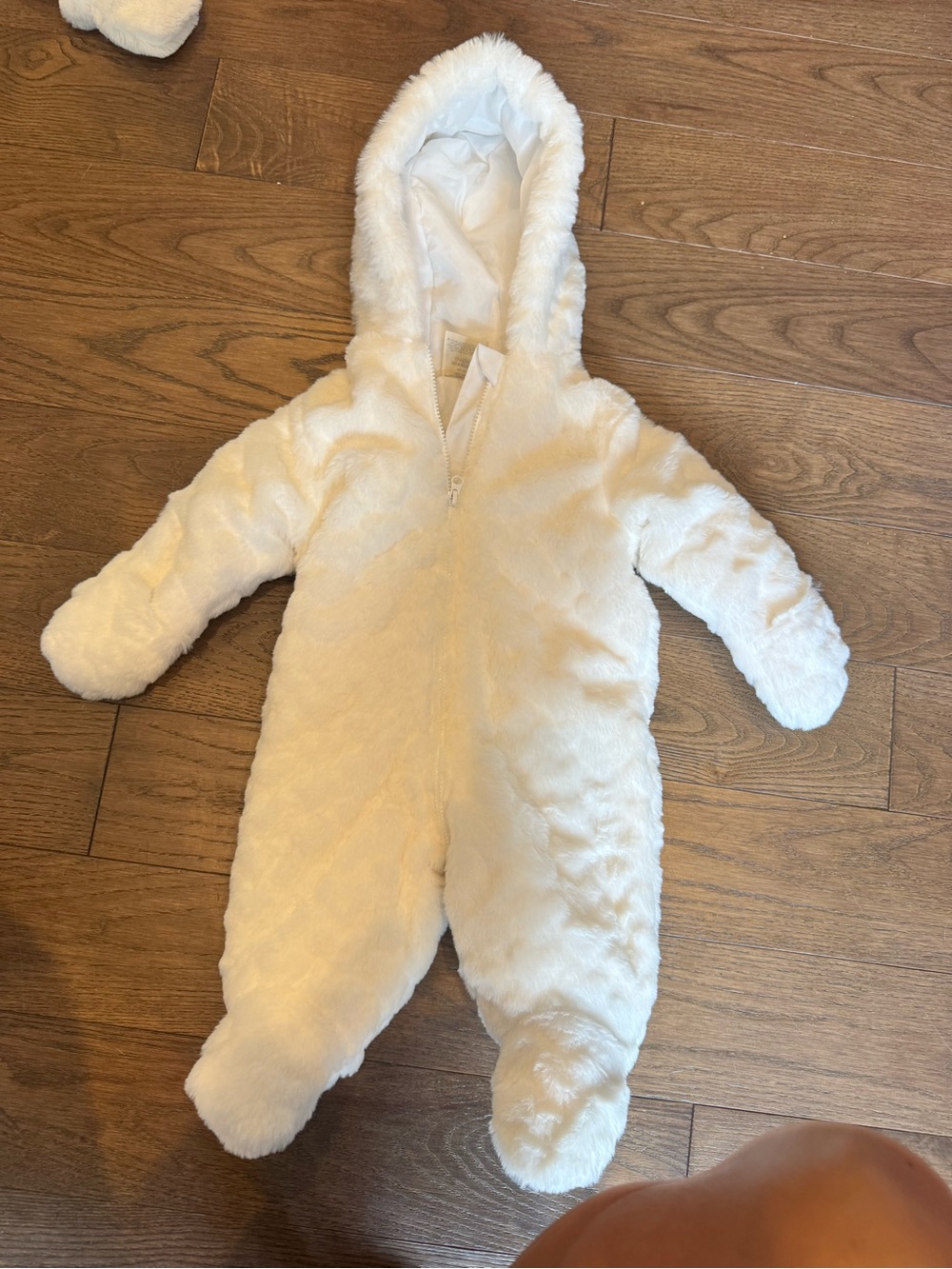 First Impressions Cream Plush Hooded Baby One-Piece Footie
